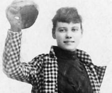 Nellie Bly in her checked coat going Around the World in 72 Days